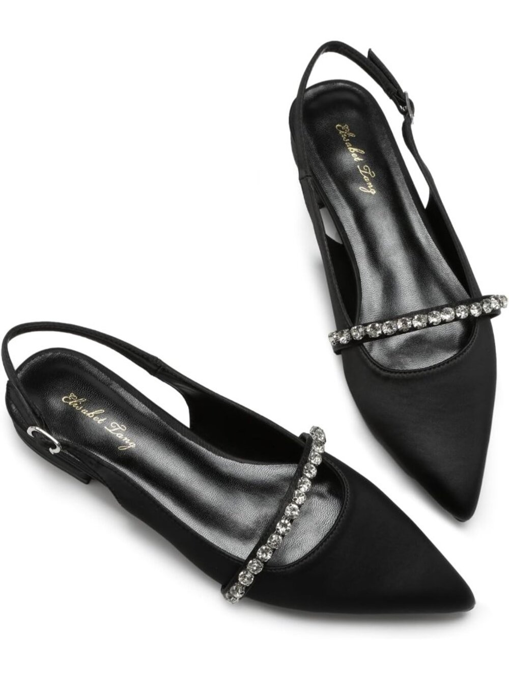 Women's Black Slingback Flats with Rhinestone Pointed Toe Flats Dressy Shoes